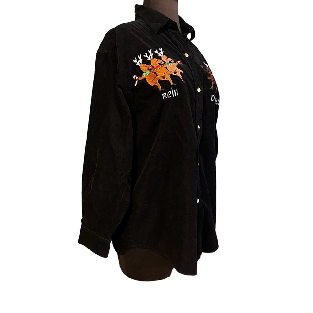 90s Vtg Black Corduroy Christmas Embroidered Reindeer Rein Dancing Blouse S/M - Picture 4 of 6